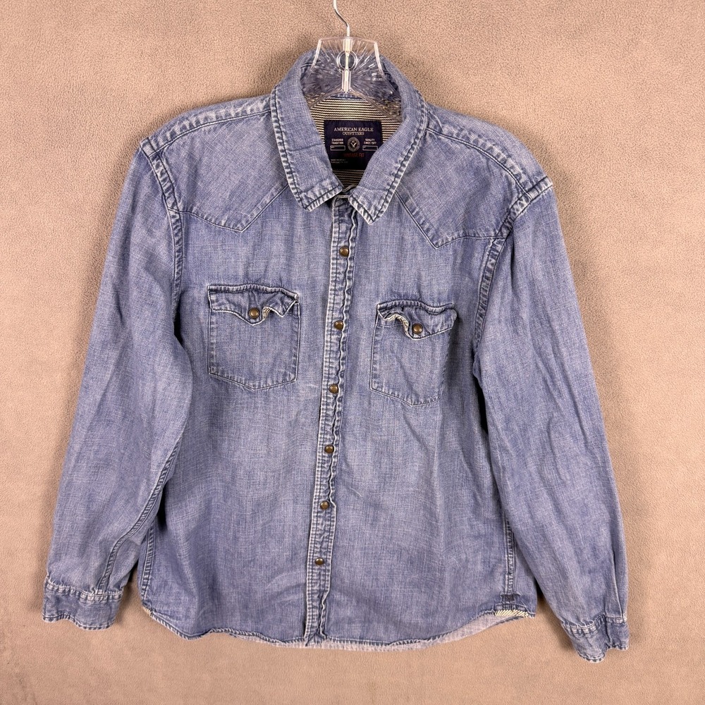 Y2K‎ American Eagle Denim Snap Shirt Mens L Western Cowboy Flip Cuff Vintage Fit